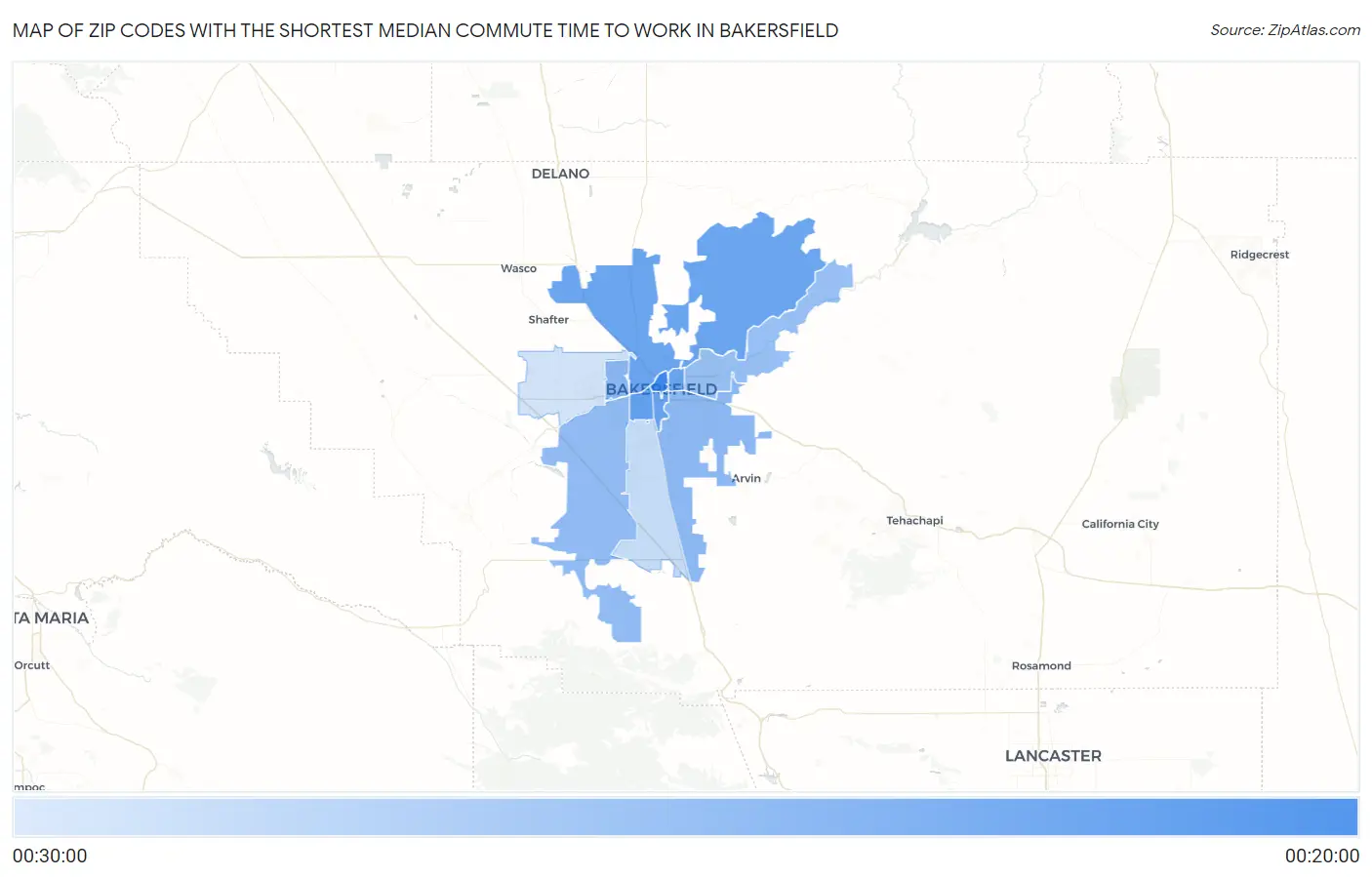 Zip Codes with the Shortest Median Commute Time to Work in Bakersfield Map