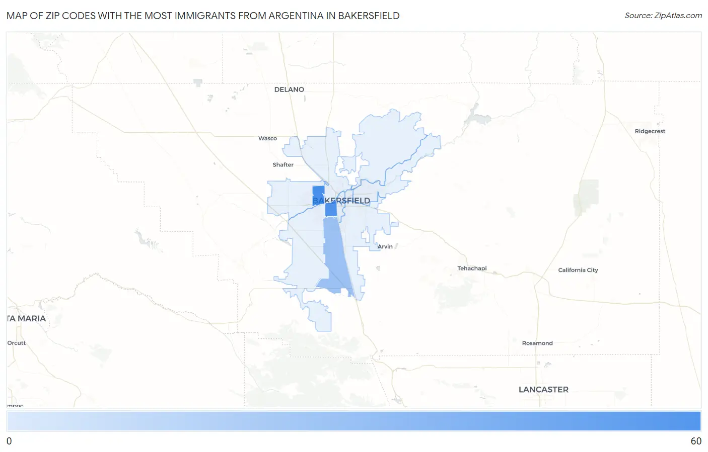 Zip Codes with the Most Immigrants from Argentina in Bakersfield Map