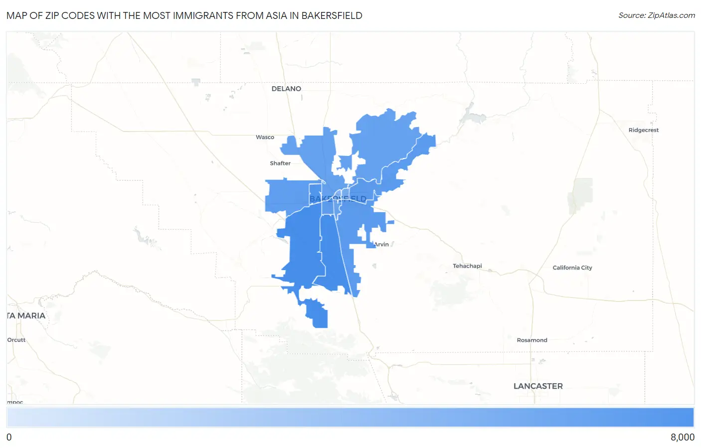 Zip Codes with the Most Immigrants from Asia in Bakersfield Map