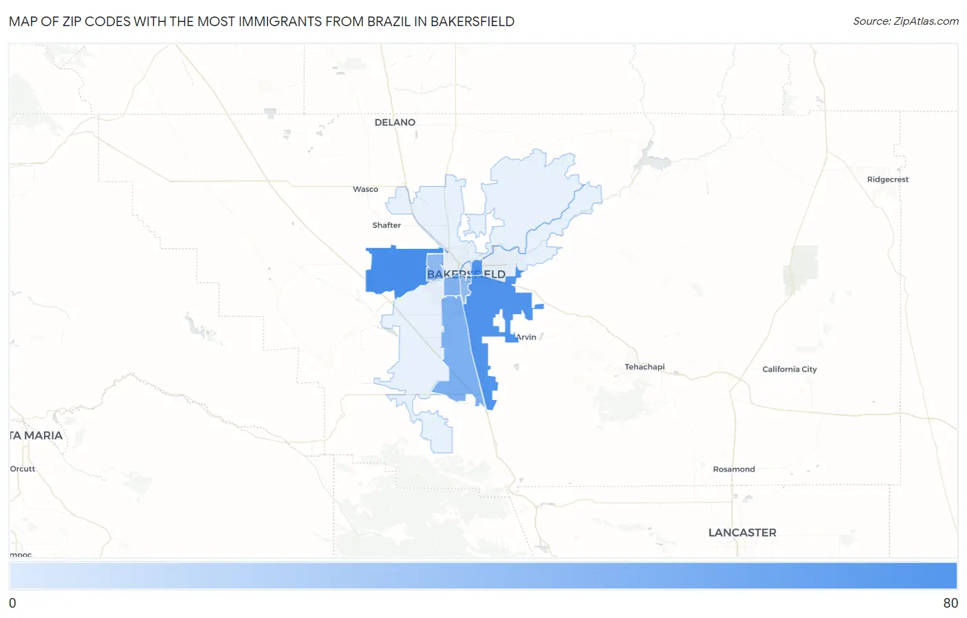 Zip Codes with the Most Immigrants from Brazil in Bakersfield Map