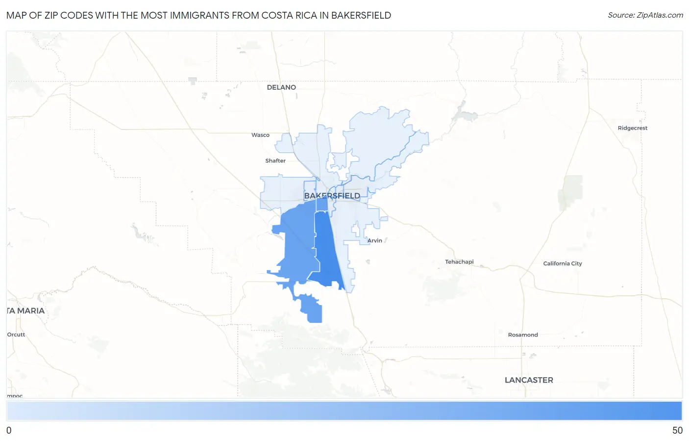 Zip Codes with the Most Immigrants from Costa Rica in Bakersfield Map