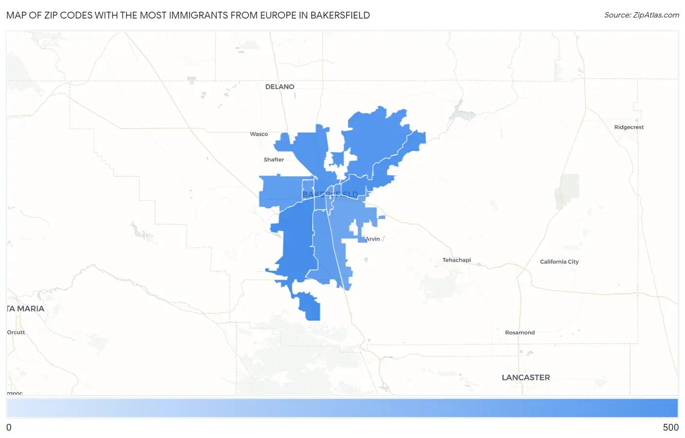 Zip Codes with the Most Immigrants from Europe in Bakersfield Map