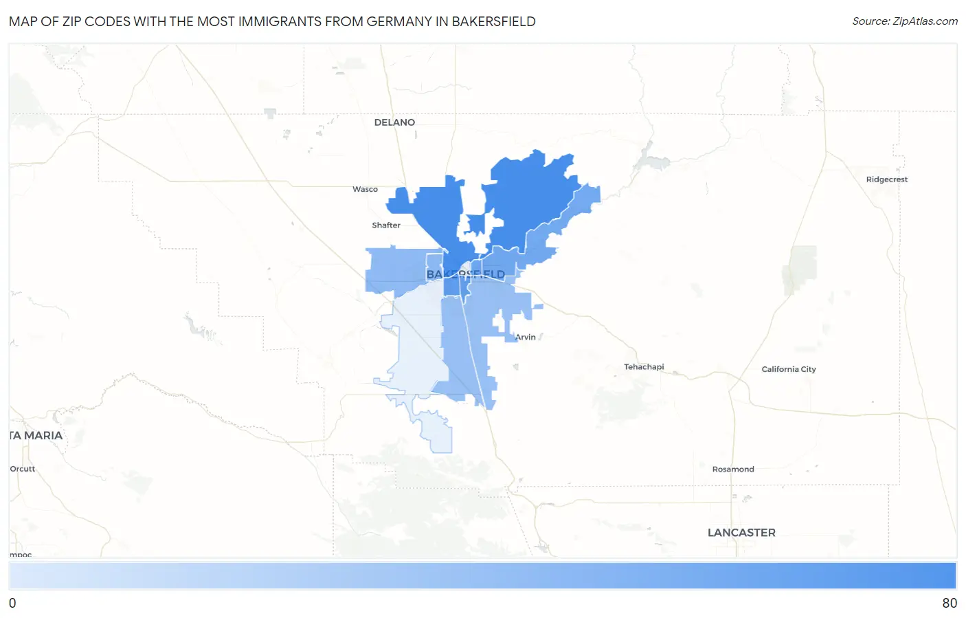 Zip Codes with the Most Immigrants from Germany in Bakersfield Map