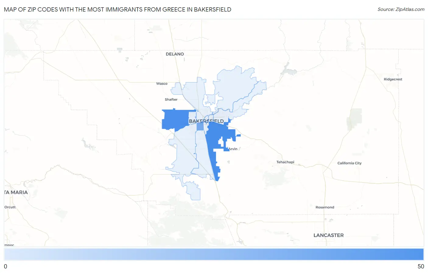 Zip Codes with the Most Immigrants from Greece in Bakersfield Map
