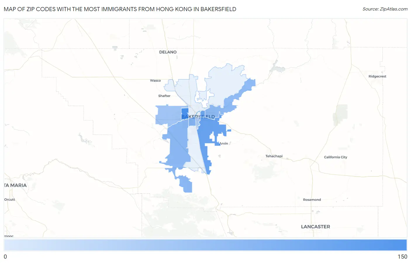 Zip Codes with the Most Immigrants from Hong Kong in Bakersfield Map