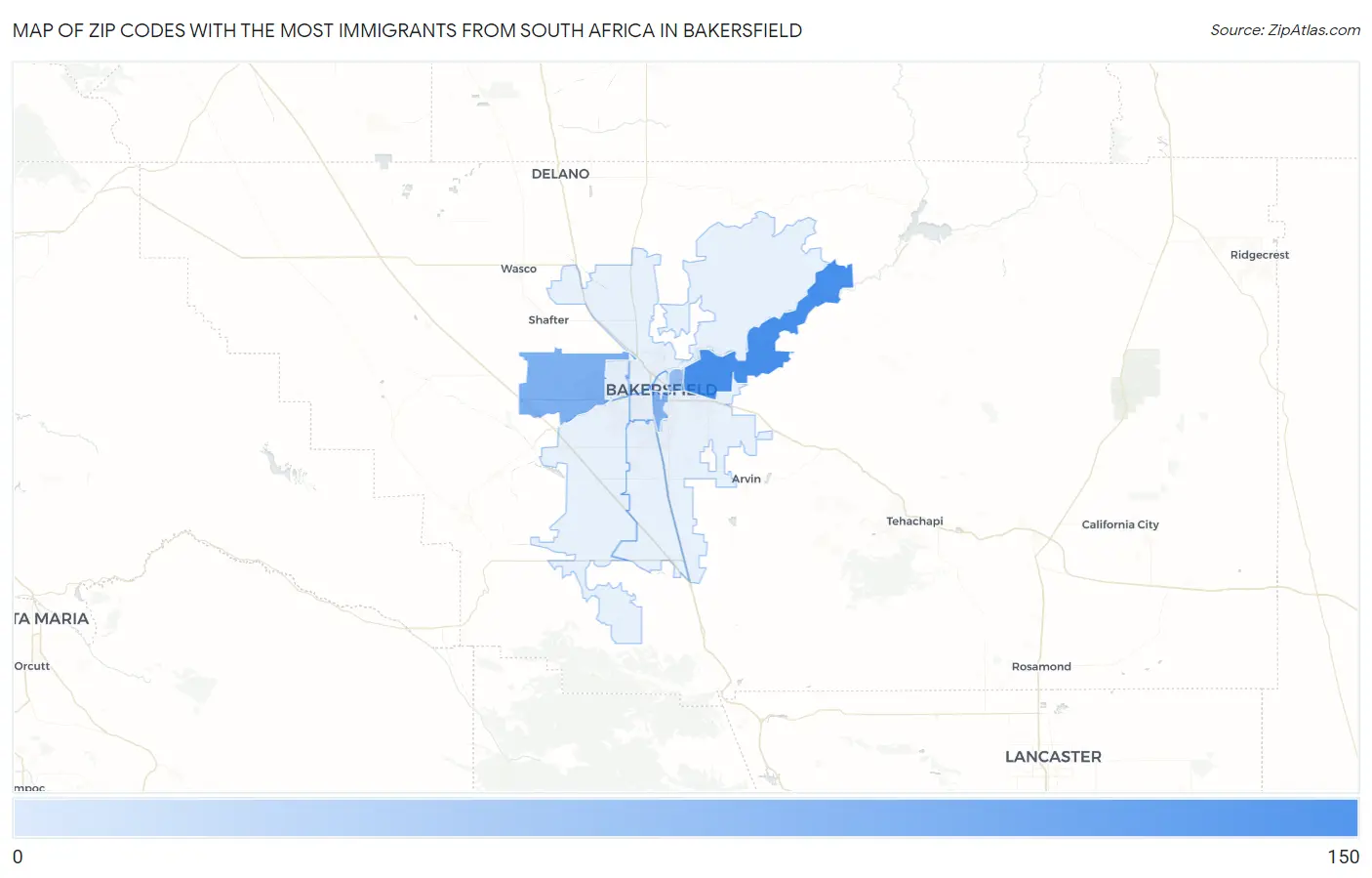 Zip Codes with the Most Immigrants from South Africa in Bakersfield Map
