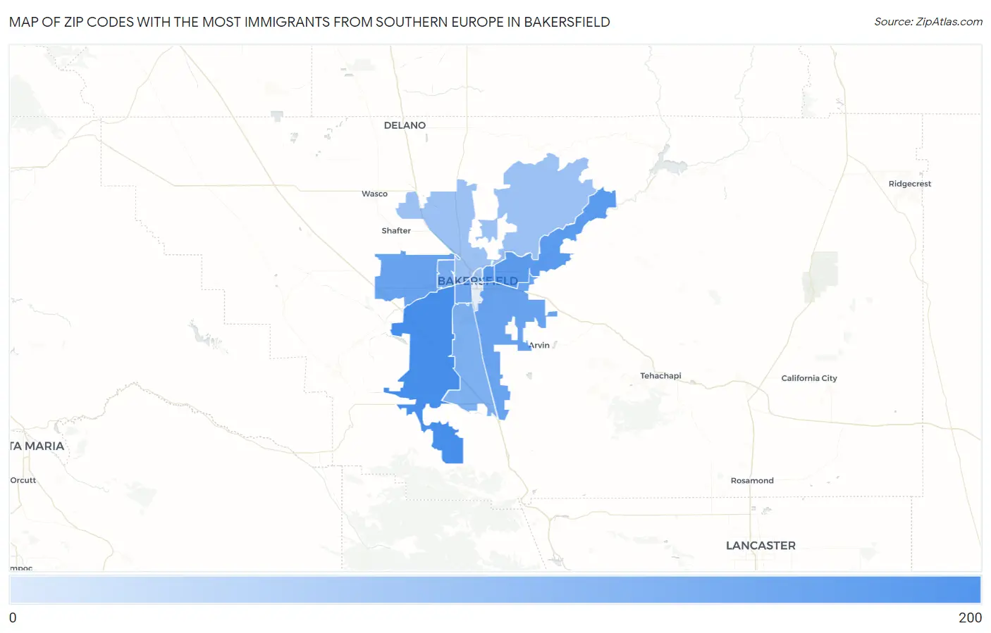 Zip Codes with the Most Immigrants from Southern Europe in Bakersfield Map