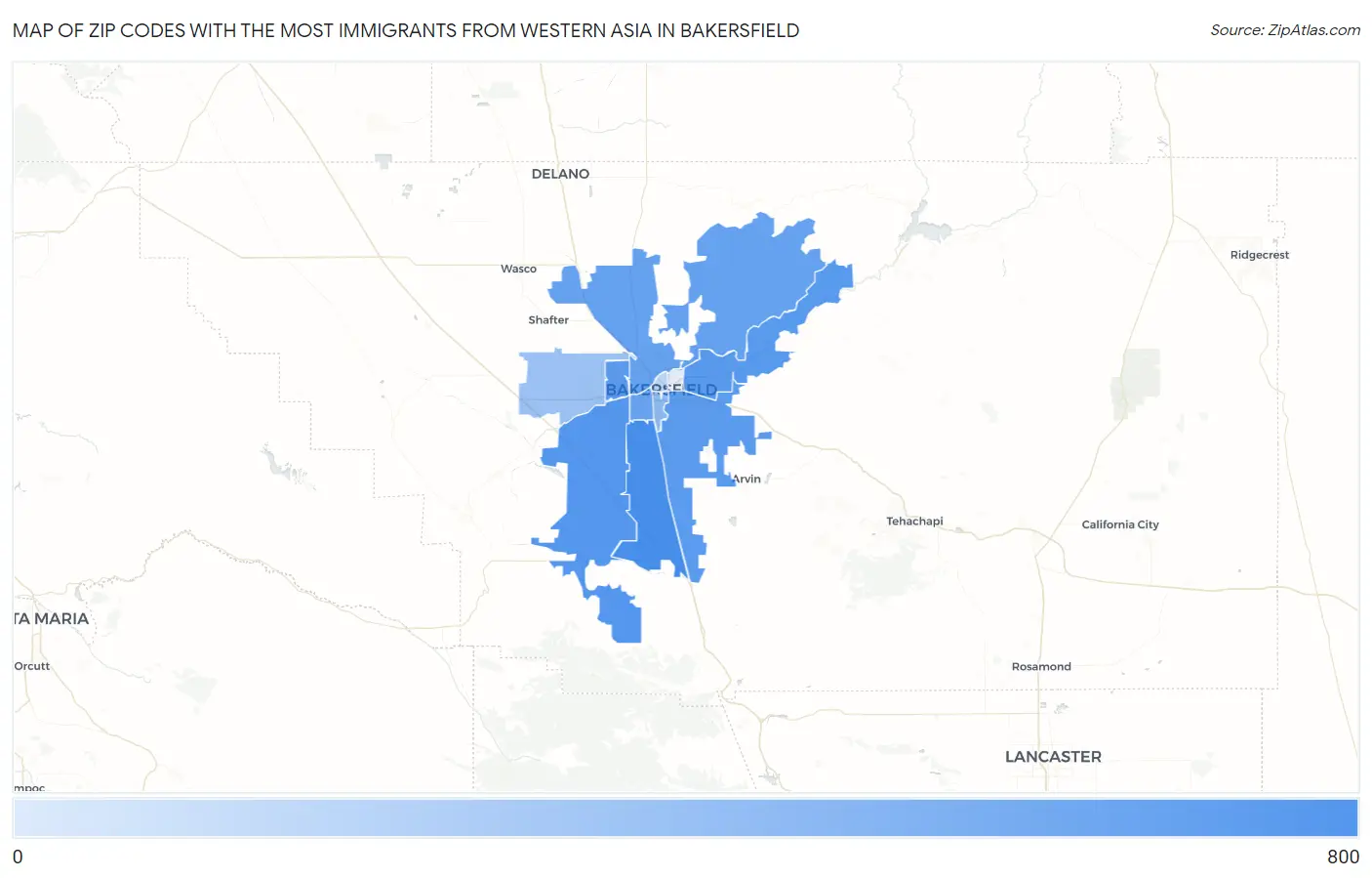 Zip Codes with the Most Immigrants from Western Asia in Bakersfield Map