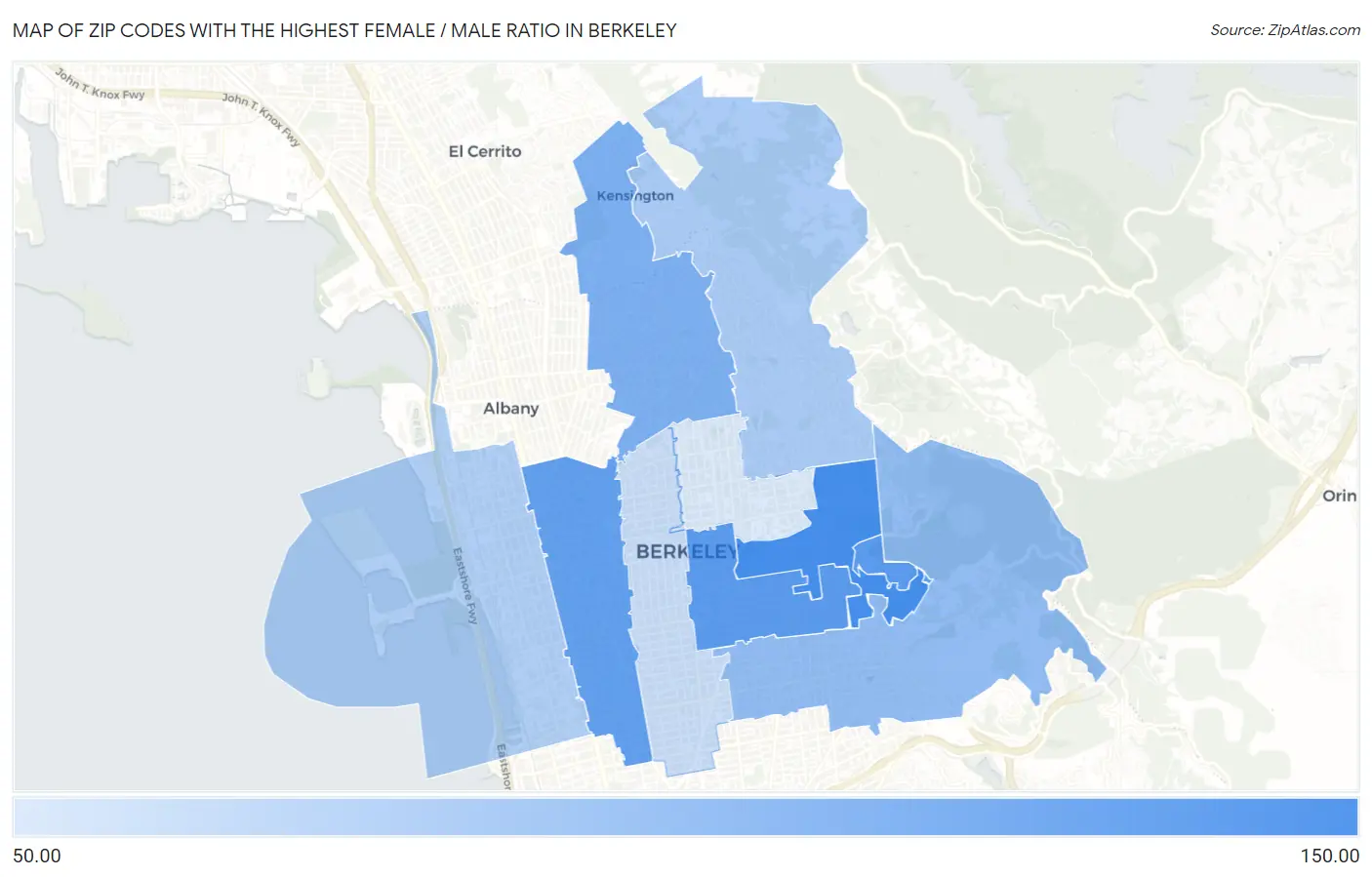 Zip Codes with the Highest Female / Male Ratio in Berkeley Map