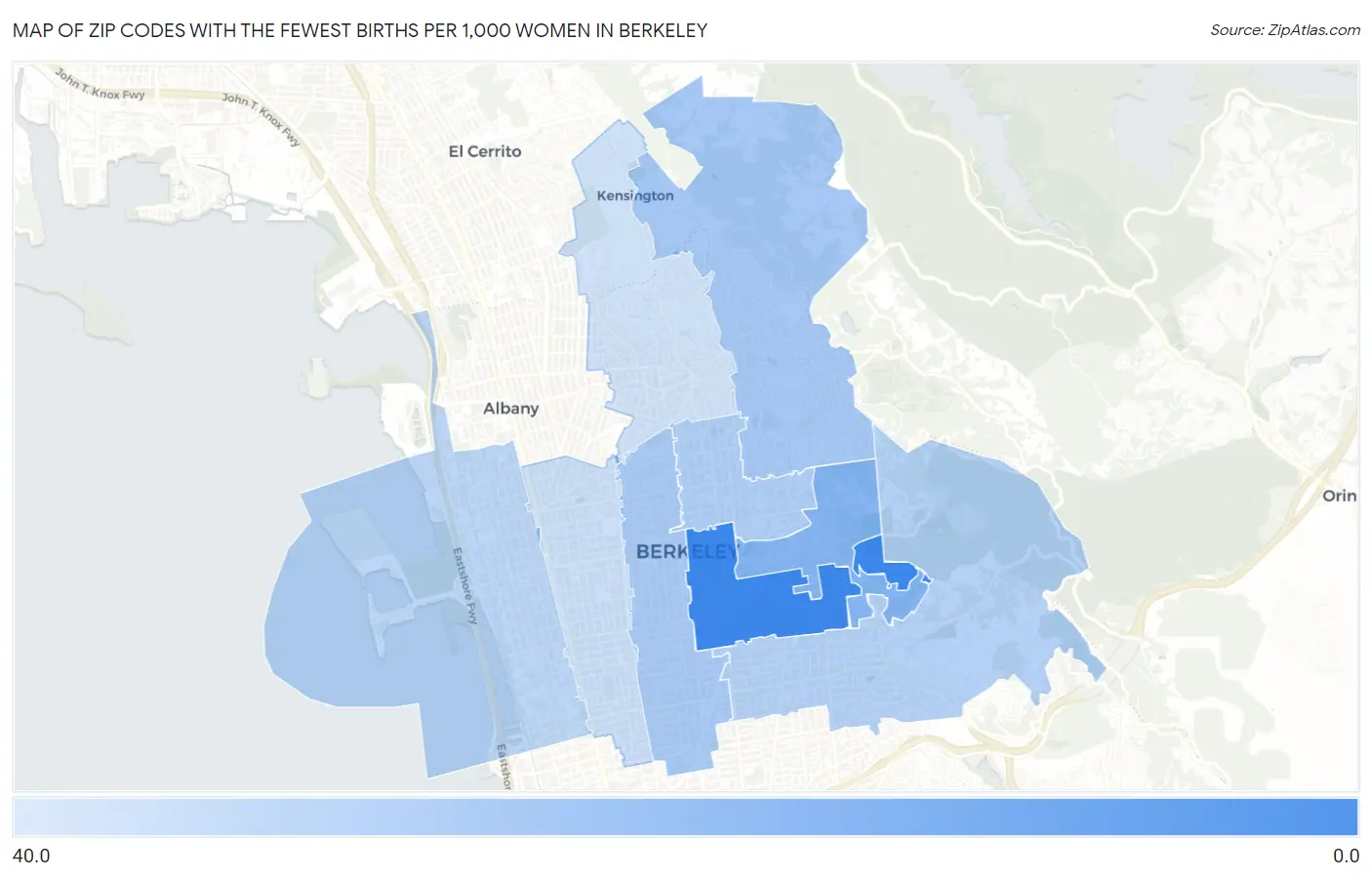 Zip Codes with the Fewest Births per 1,000 Women in Berkeley Map