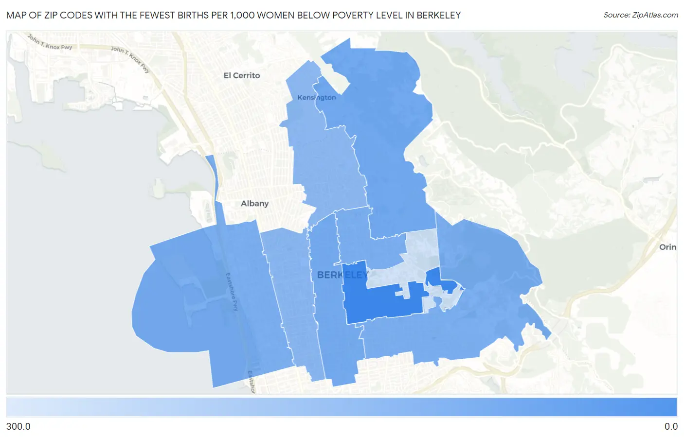 Zip Codes with the Fewest Births per 1,000 Women Below Poverty Level in Berkeley Map