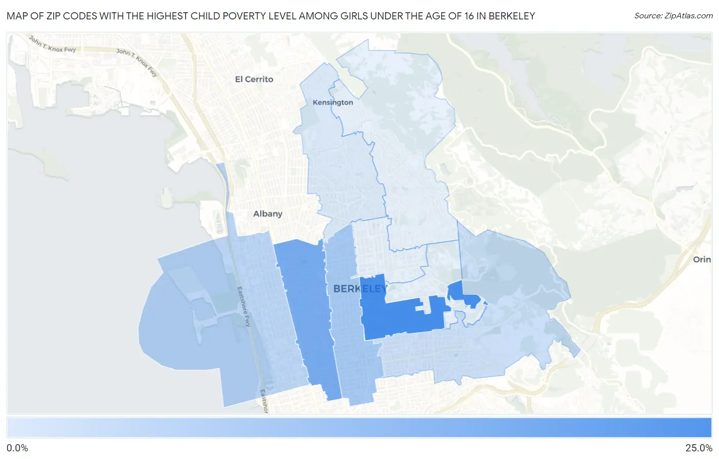 Zip Codes with the Highest Child Poverty Level Among Girls Under the Age of 16 in Berkeley Map
