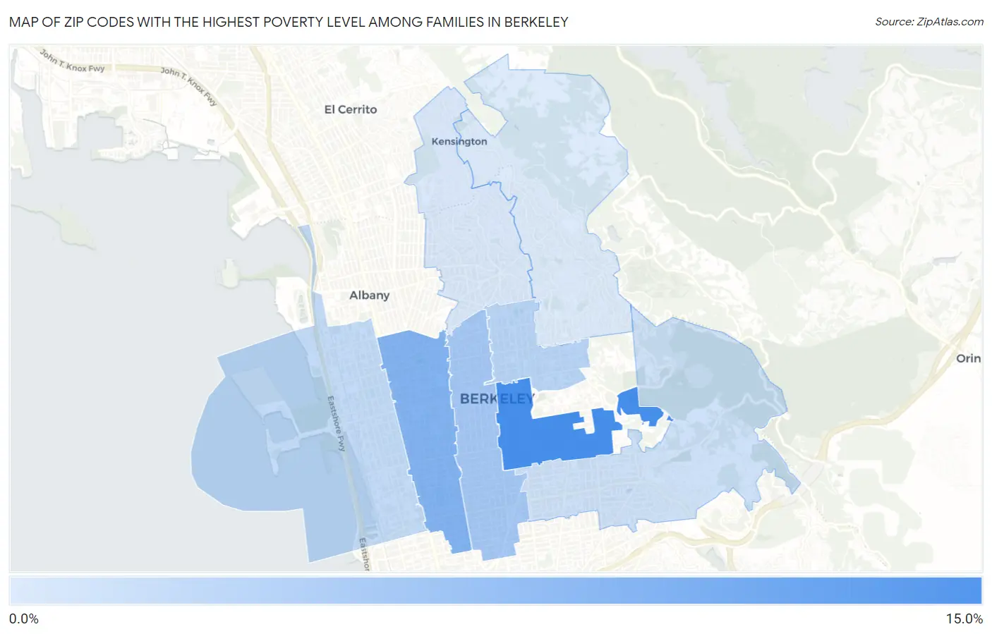 Zip Codes with the Highest Poverty Level Among Families in Berkeley Map