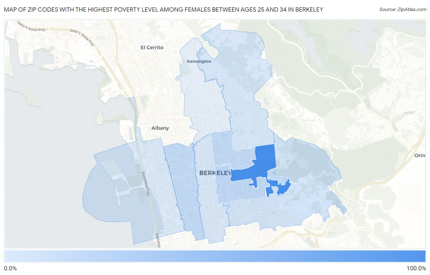 Zip Codes with the Highest Poverty Level Among Females Between Ages 25 and 34 in Berkeley Map