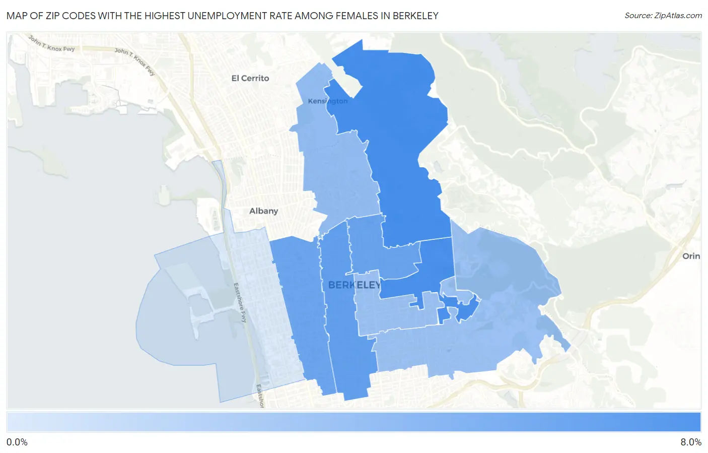 Zip Codes with the Highest Unemployment Rate Among Females in Berkeley Map