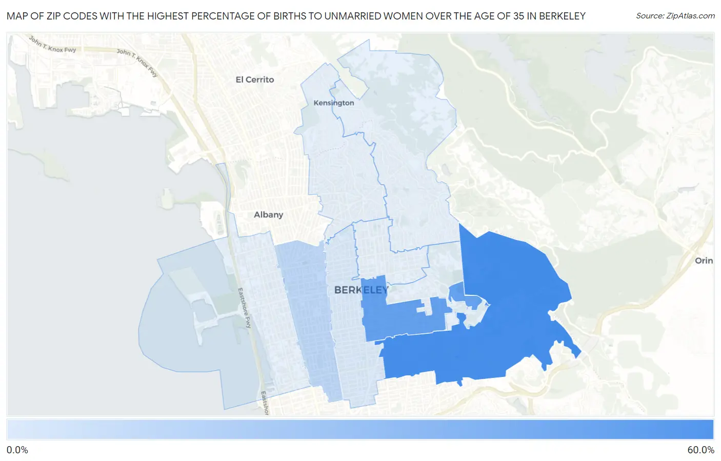 Zip Codes with the Highest Percentage of Births to Unmarried Women over the Age of 35 in Berkeley Map
