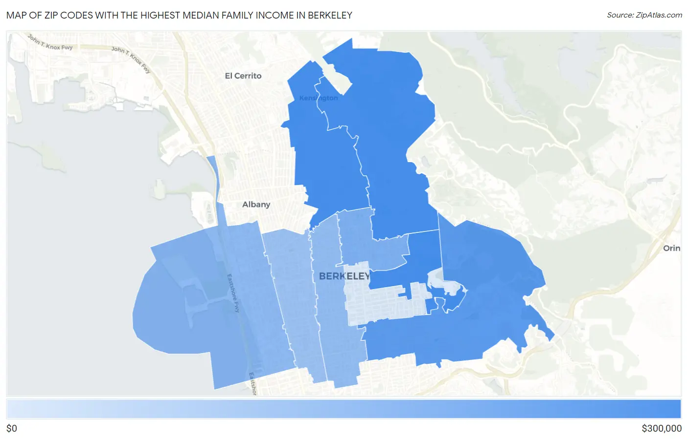Zip Codes with the Highest Median Family Income in Berkeley Map