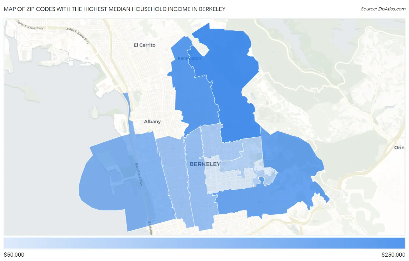 Zip Codes with the Highest Median Household Income in Berkeley Map