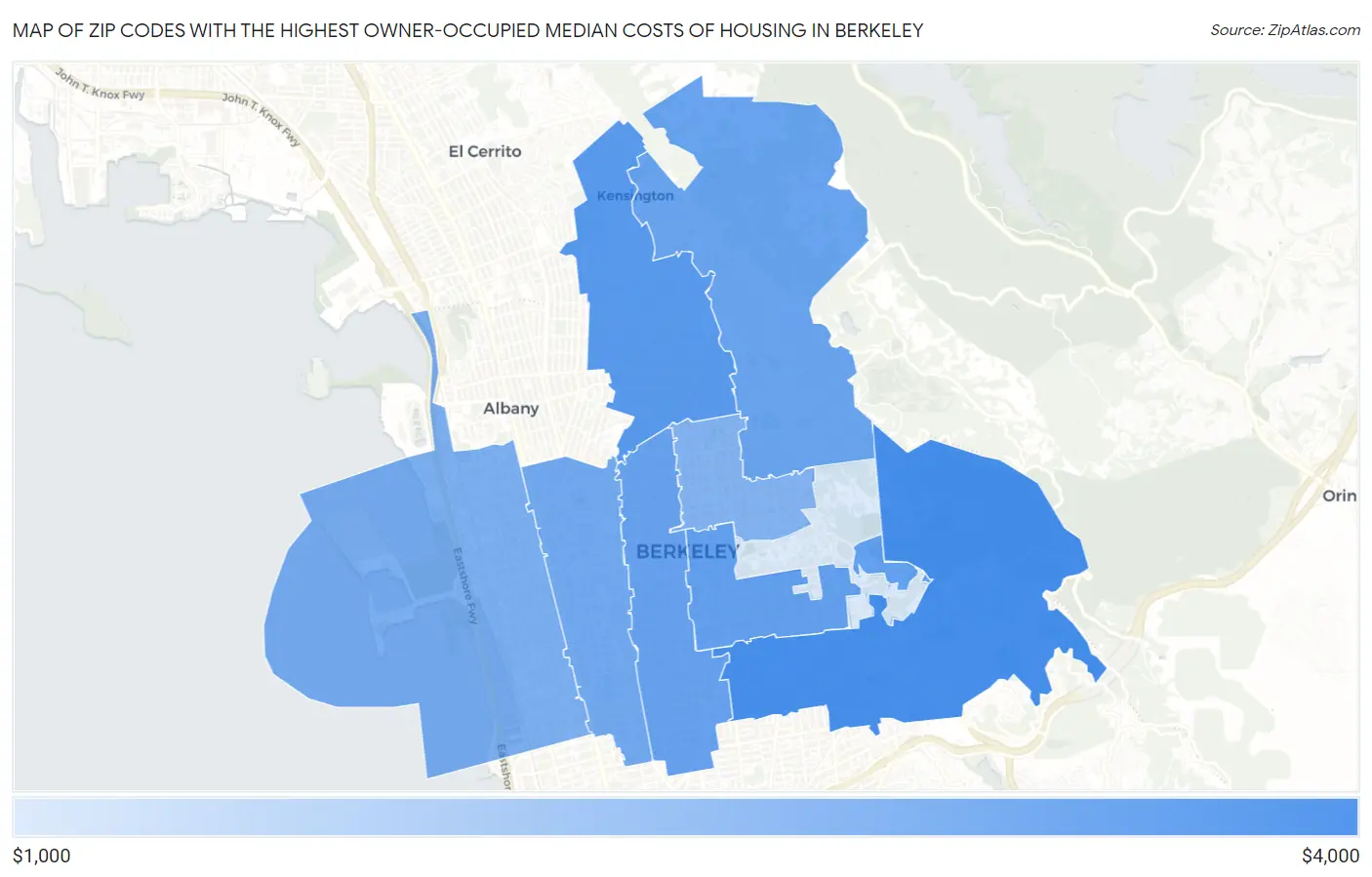 Zip Codes with the Highest Owner-Occupied Median Costs of Housing in Berkeley Map