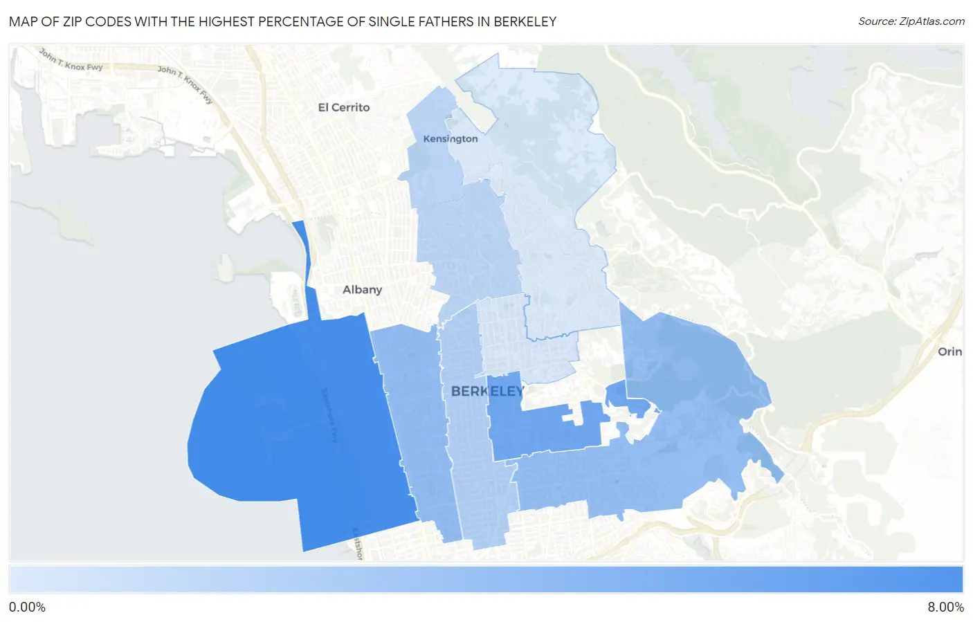 Zip Codes with the Highest Percentage of Single Fathers in Berkeley Map