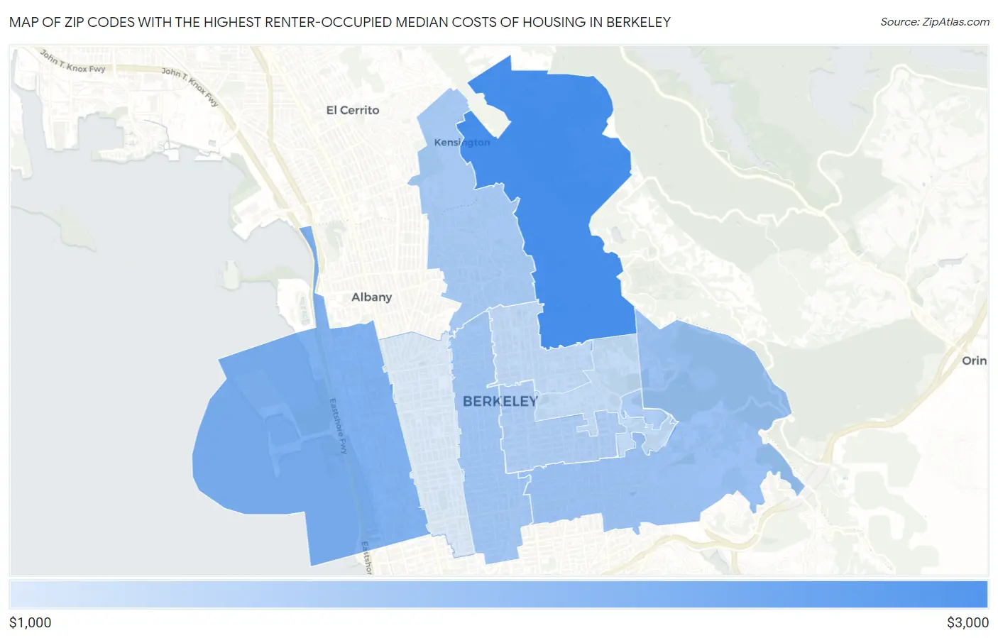 Zip Codes with the Highest Renter-Occupied Median Costs of Housing in Berkeley Map