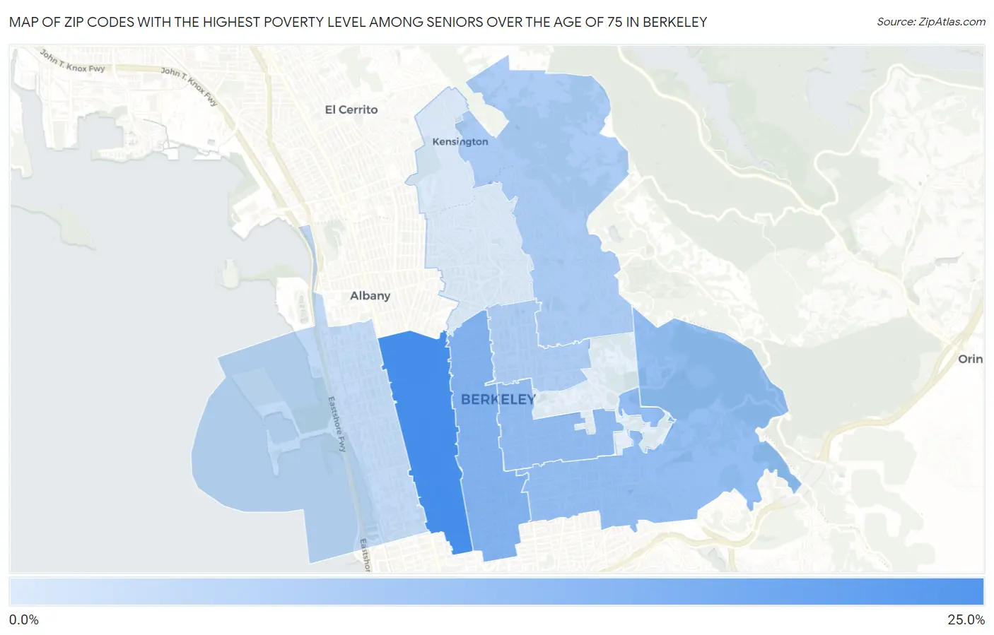 Zip Codes with the Highest Poverty Level Among Seniors Over the Age of 75 in Berkeley Map