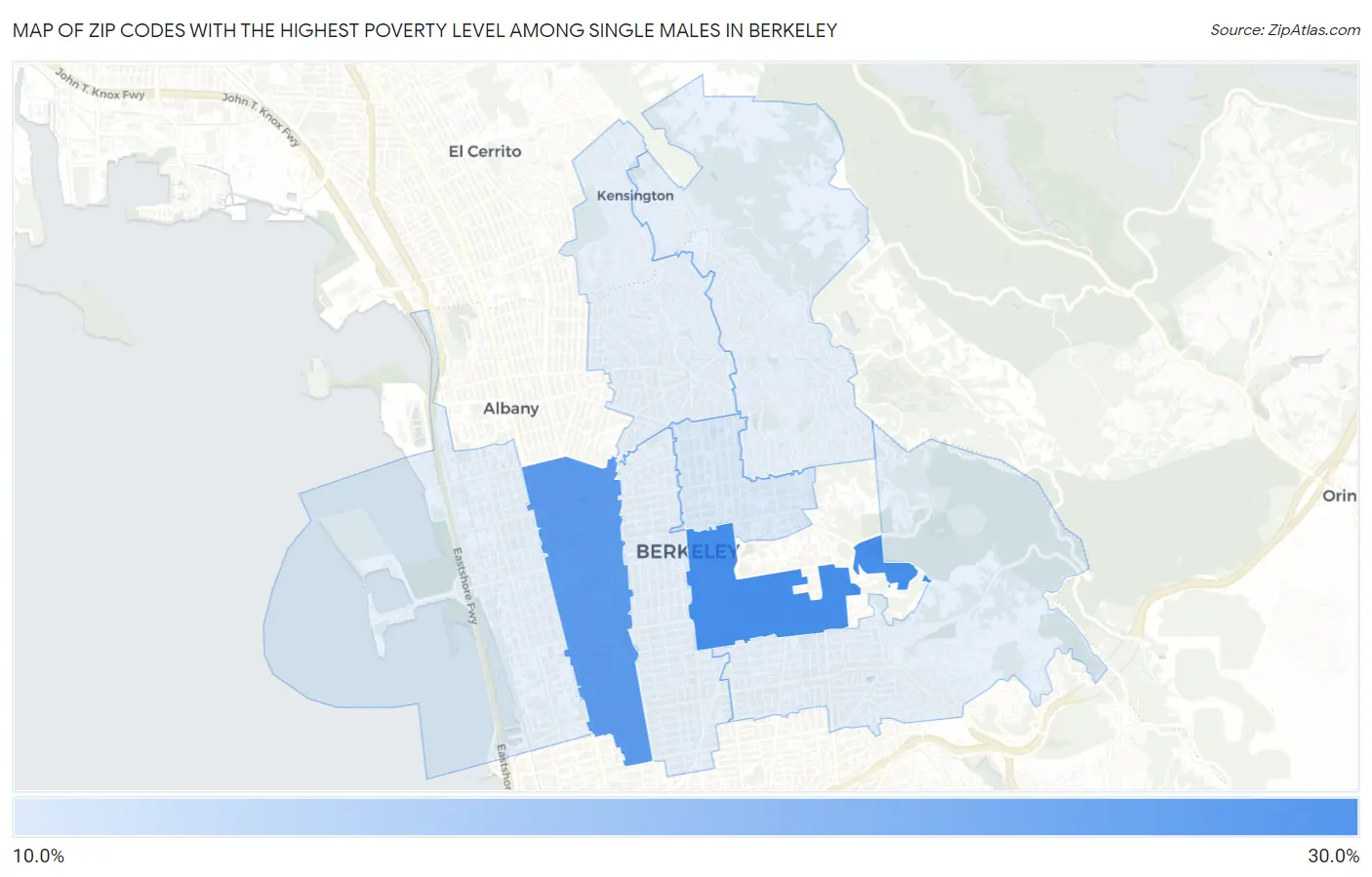 Zip Codes with the Highest Poverty Level Among Single Males in Berkeley Map