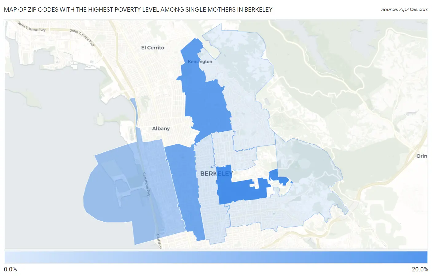 Zip Codes with the Highest Poverty Level Among Single Mothers in Berkeley Map