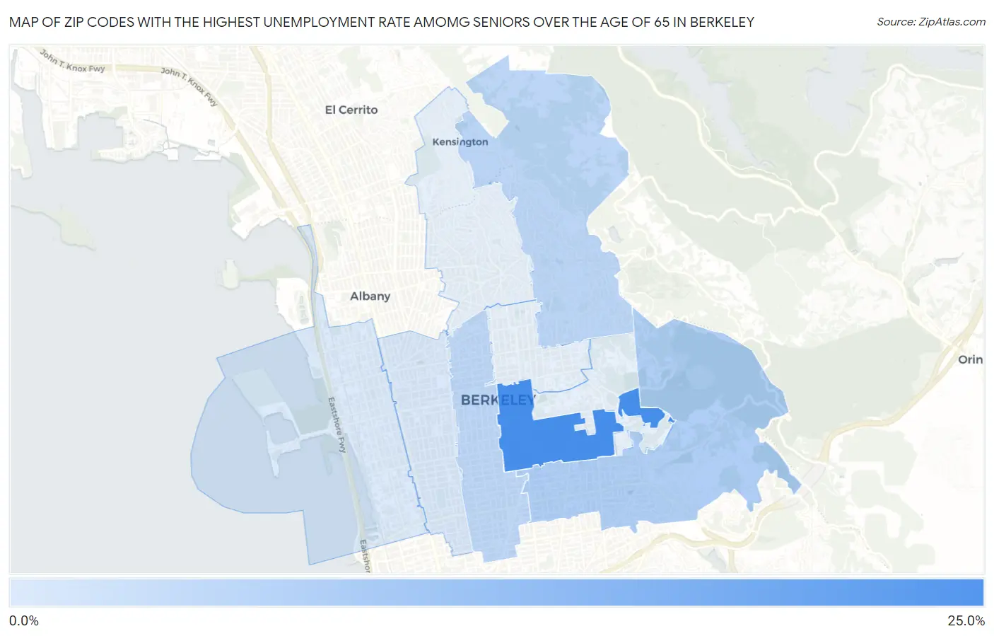 Zip Codes with the Highest Unemployment Rate Amomg Seniors Over the Age of 65 in Berkeley Map