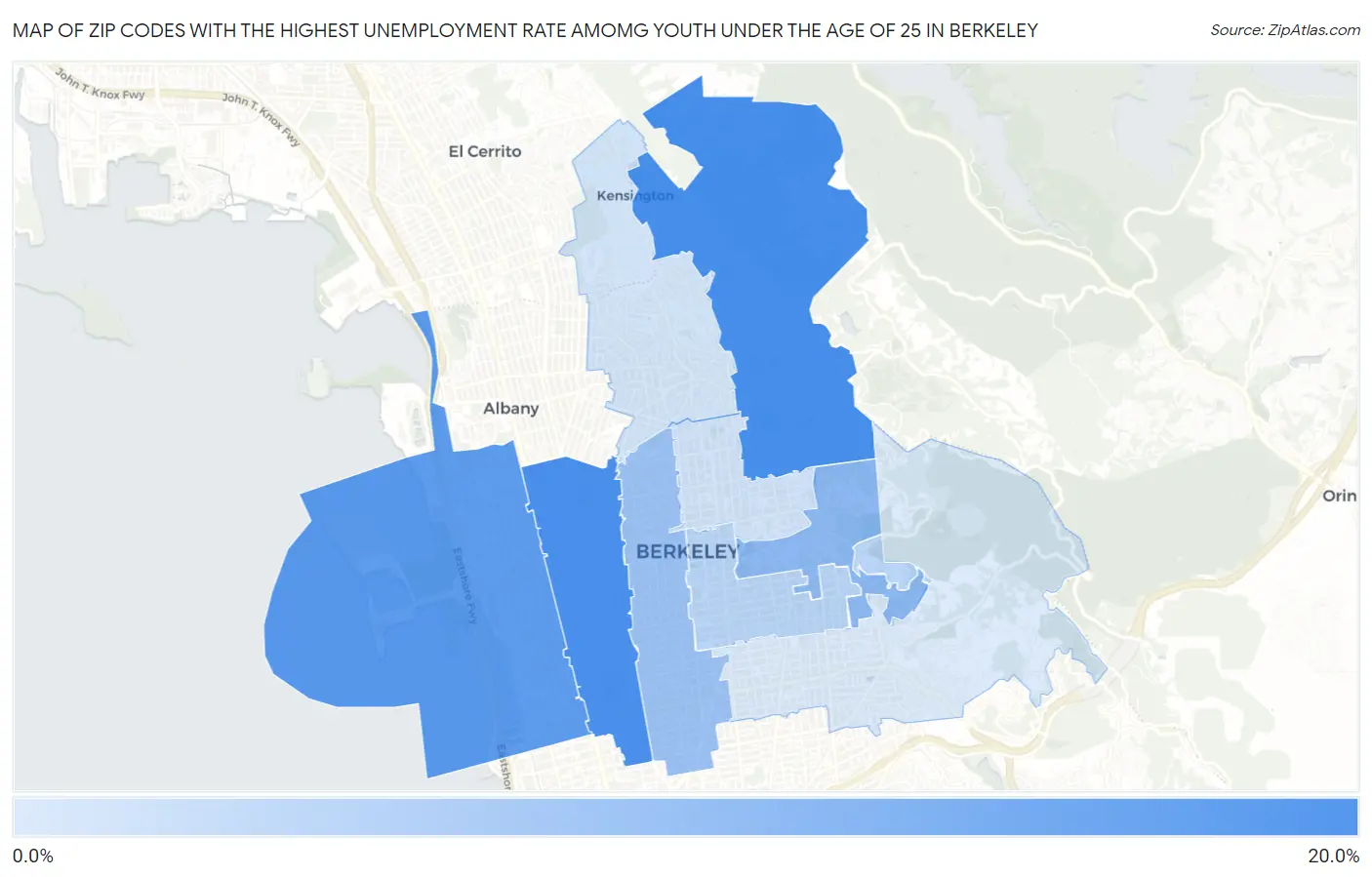 Zip Codes with the Highest Unemployment Rate Amomg Youth Under the Age of 25 in Berkeley Map