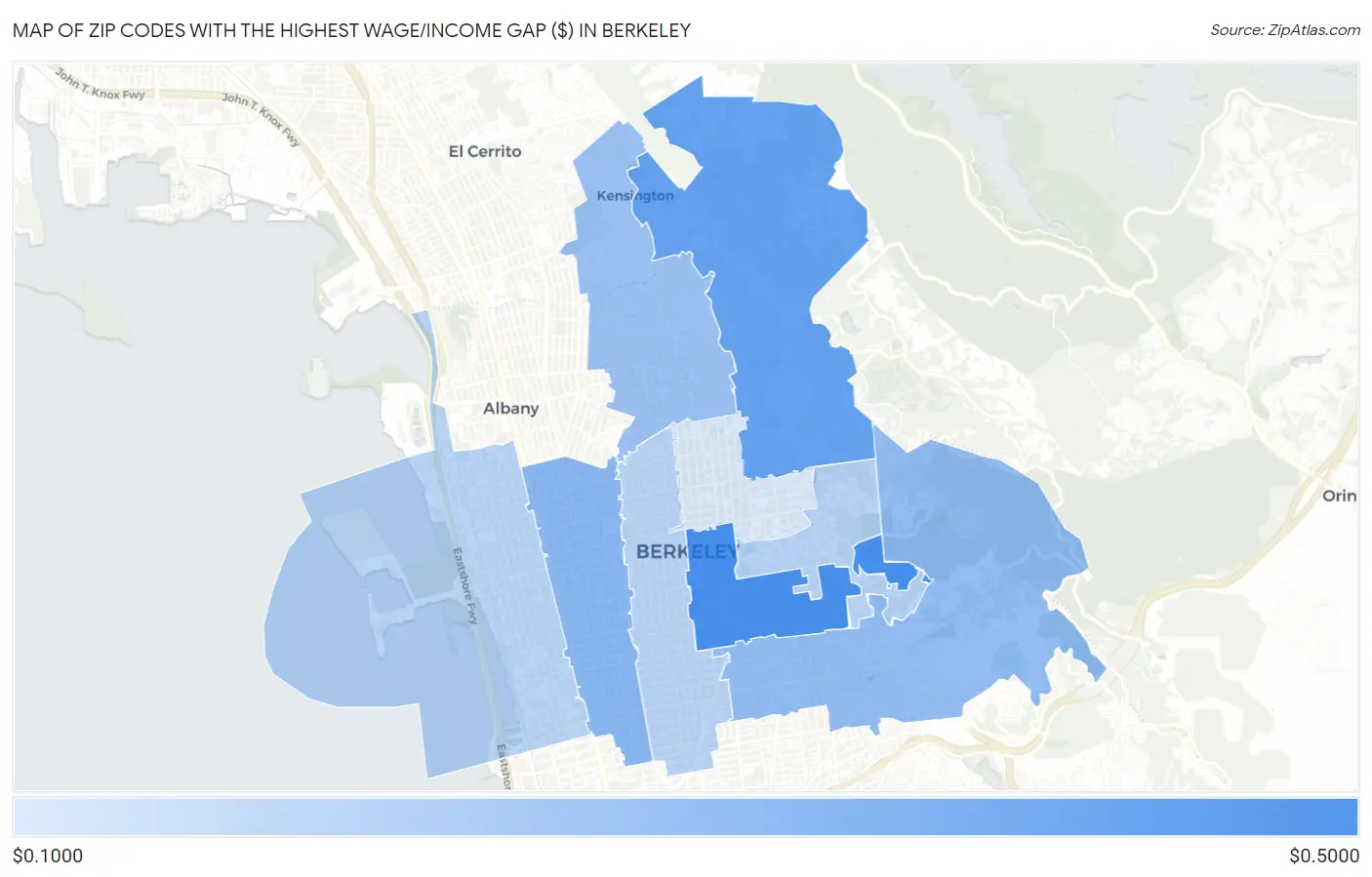 Zip Codes with the Highest Wage/Income Gap ($) in Berkeley Map
