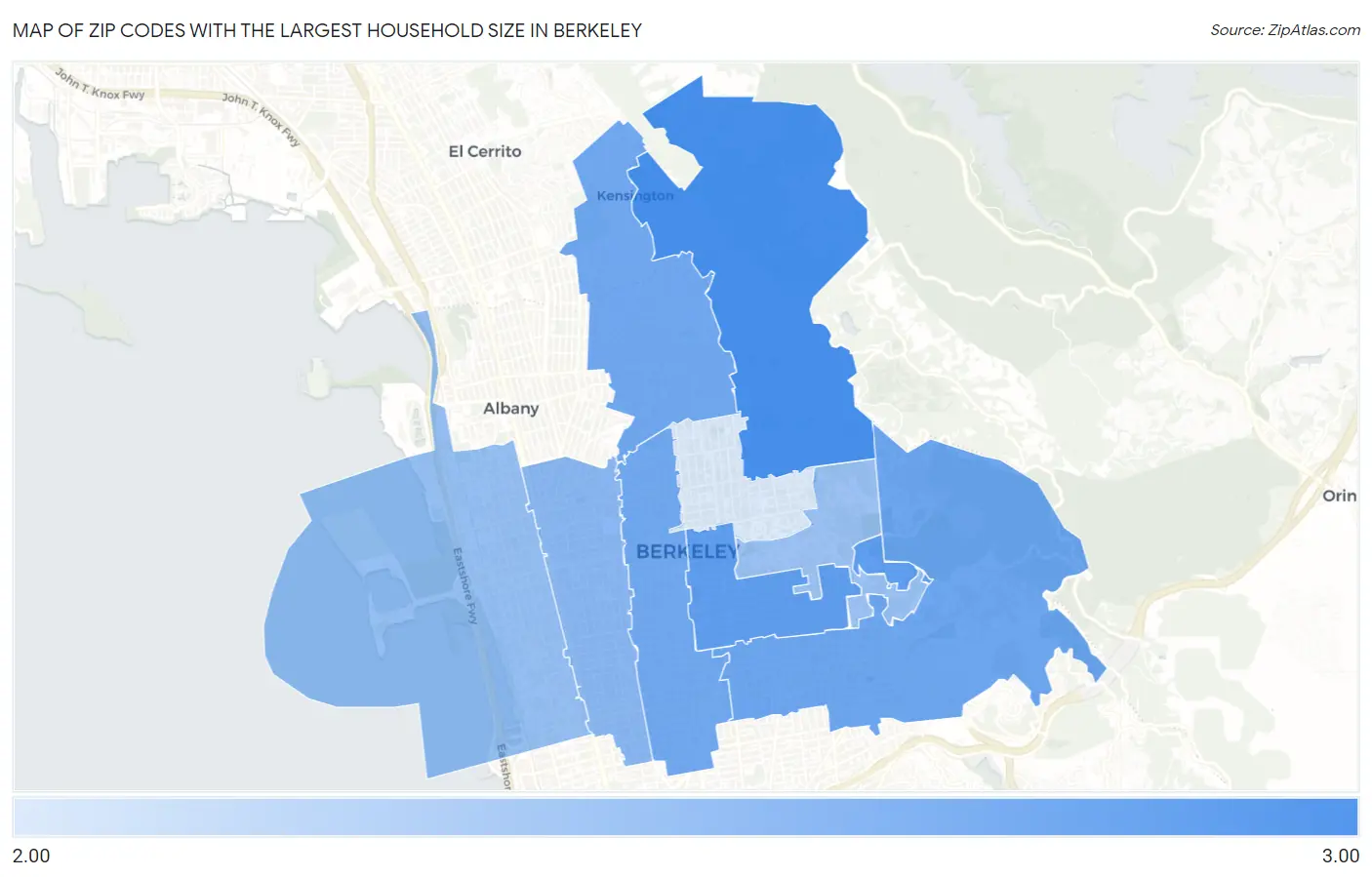 Zip Codes with the Largest Household Size in Berkeley Map