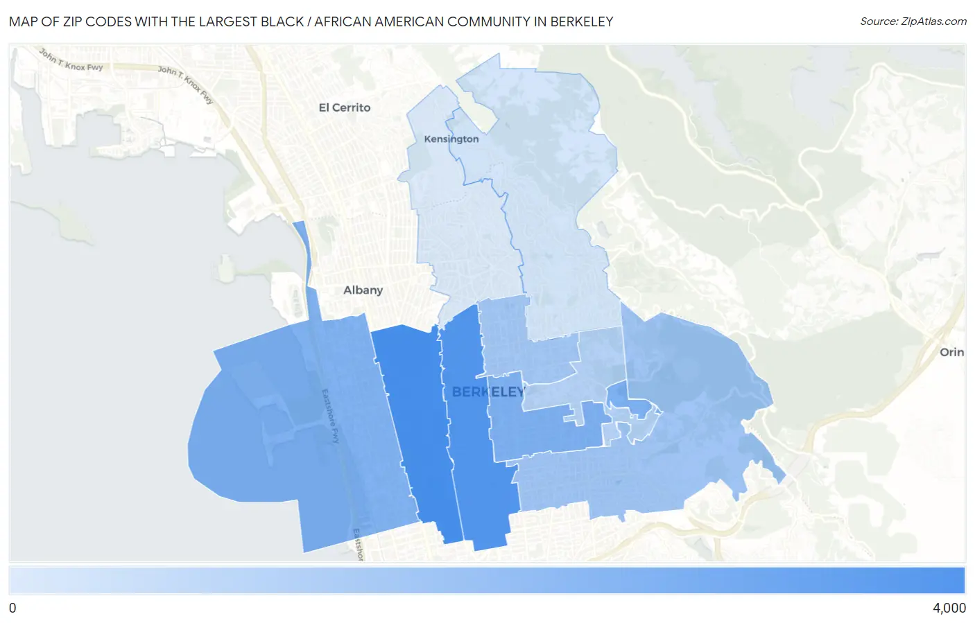 Zip Codes with the Largest Black / African American Community in Berkeley Map
