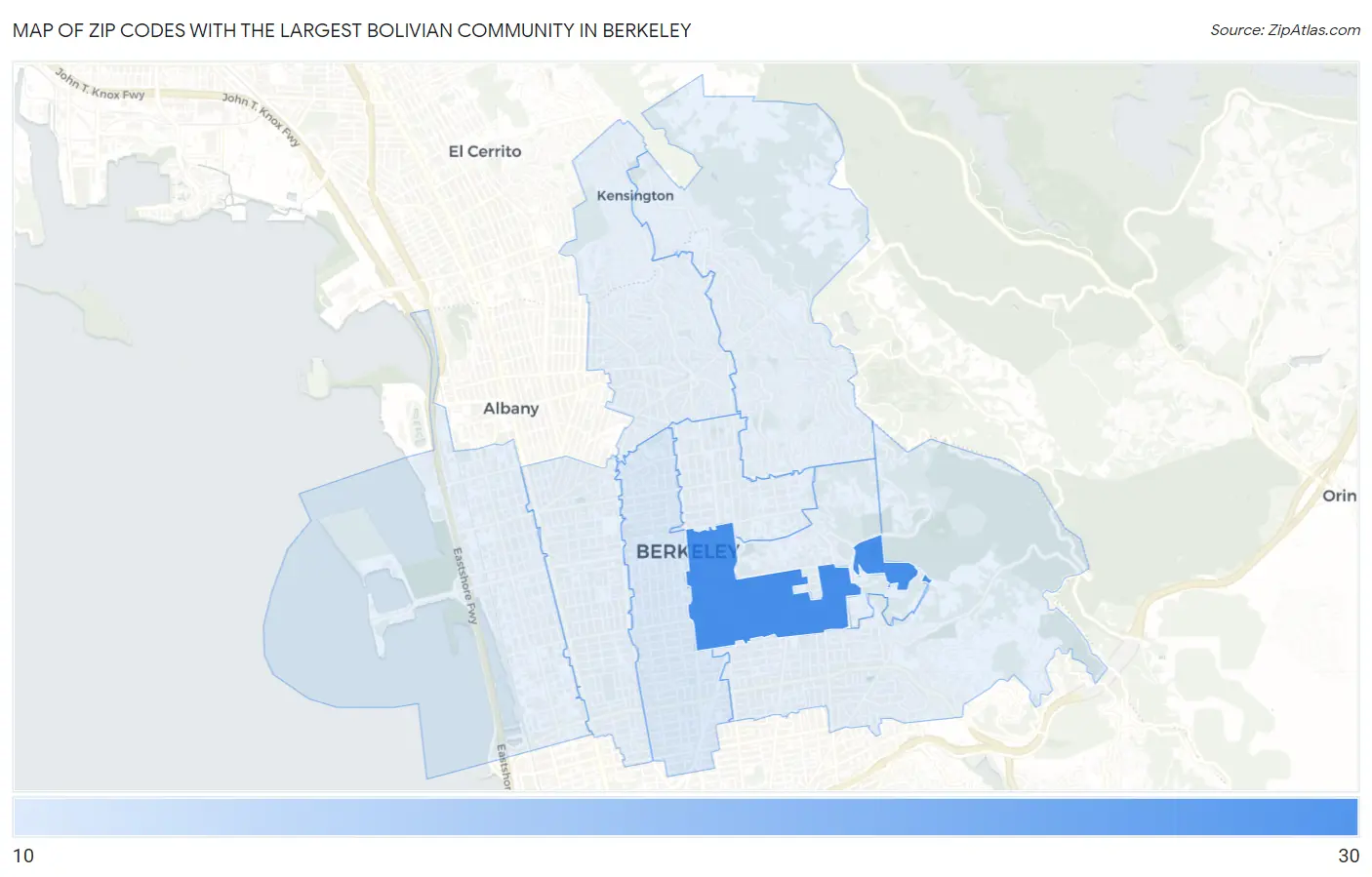 Zip Codes with the Largest Bolivian Community in Berkeley Map