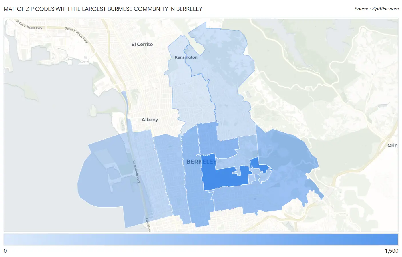 Zip Codes with the Largest Burmese Community in Berkeley Map