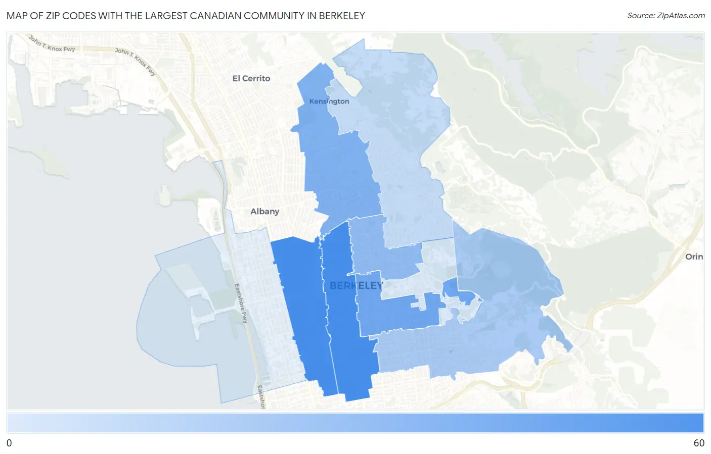 Zip Codes with the Largest Canadian Community in Berkeley Map
