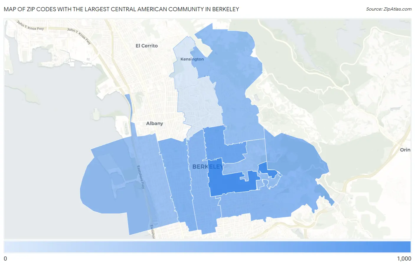 Zip Codes with the Largest Central American Community in Berkeley Map