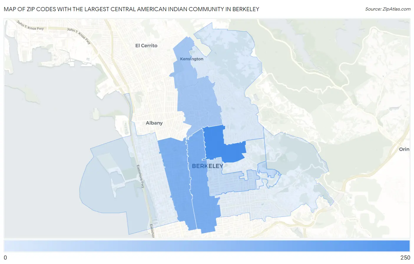 Zip Codes with the Largest Central American Indian Community in Berkeley Map