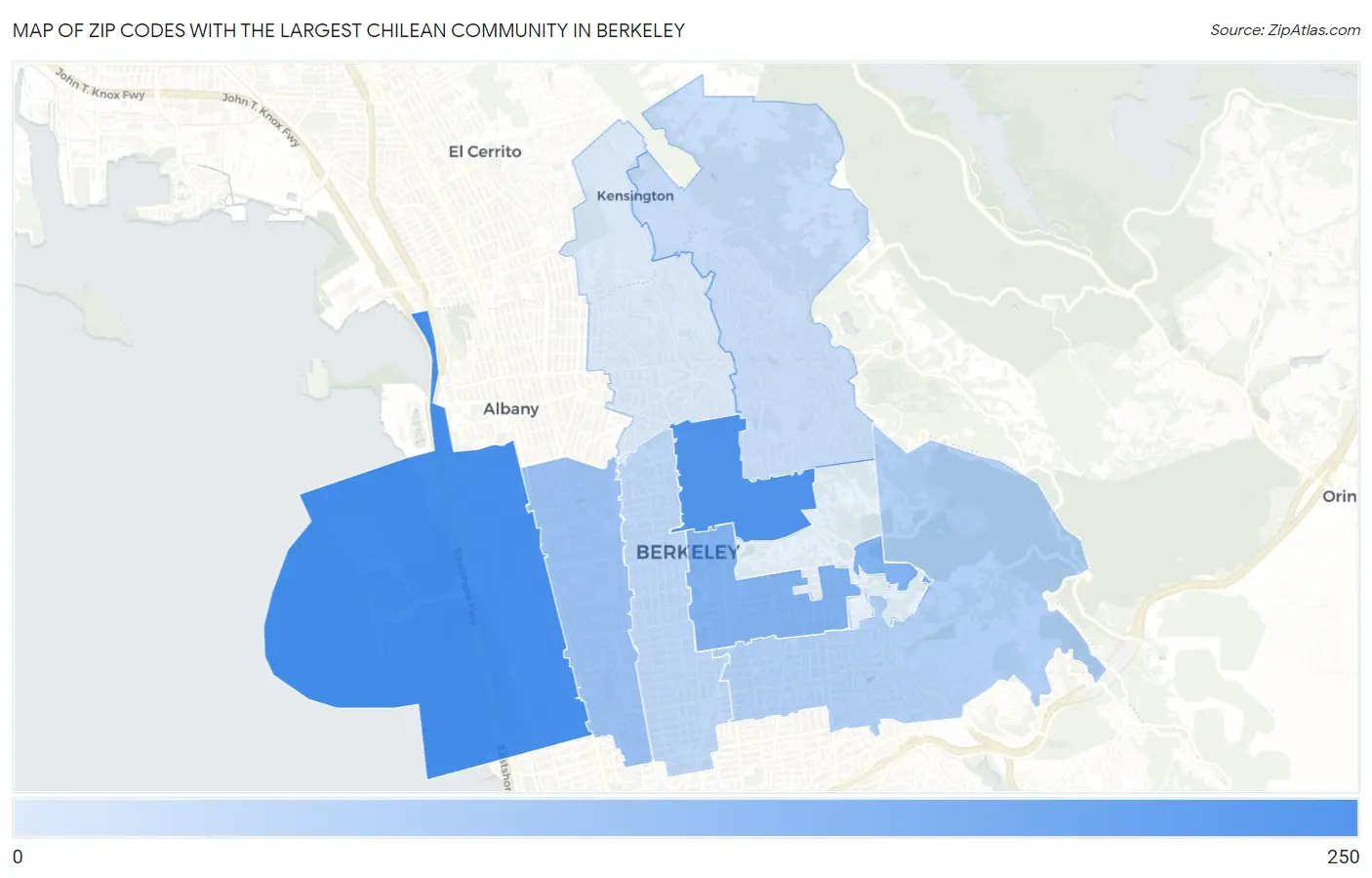 Zip Codes with the Largest Chilean Community in Berkeley Map