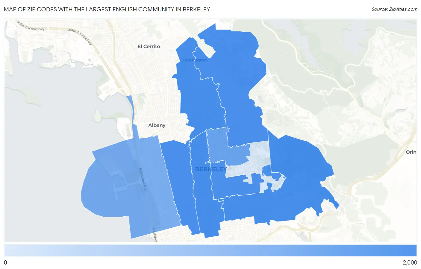 Zip Codes with the Largest English Community in Berkeley Map