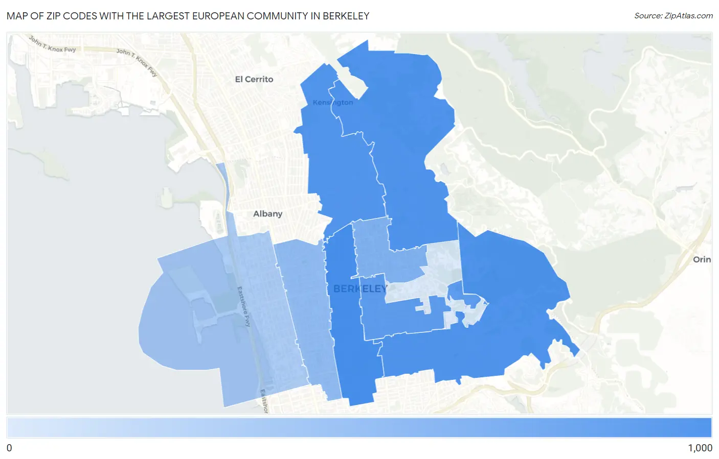 Zip Codes with the Largest European Community in Berkeley Map