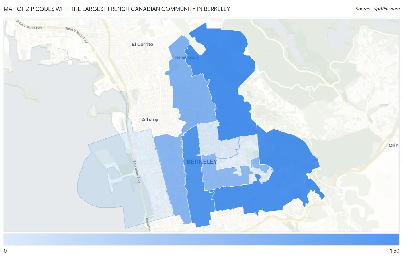 Zip Codes with the Largest French Canadian Community in Berkeley Map