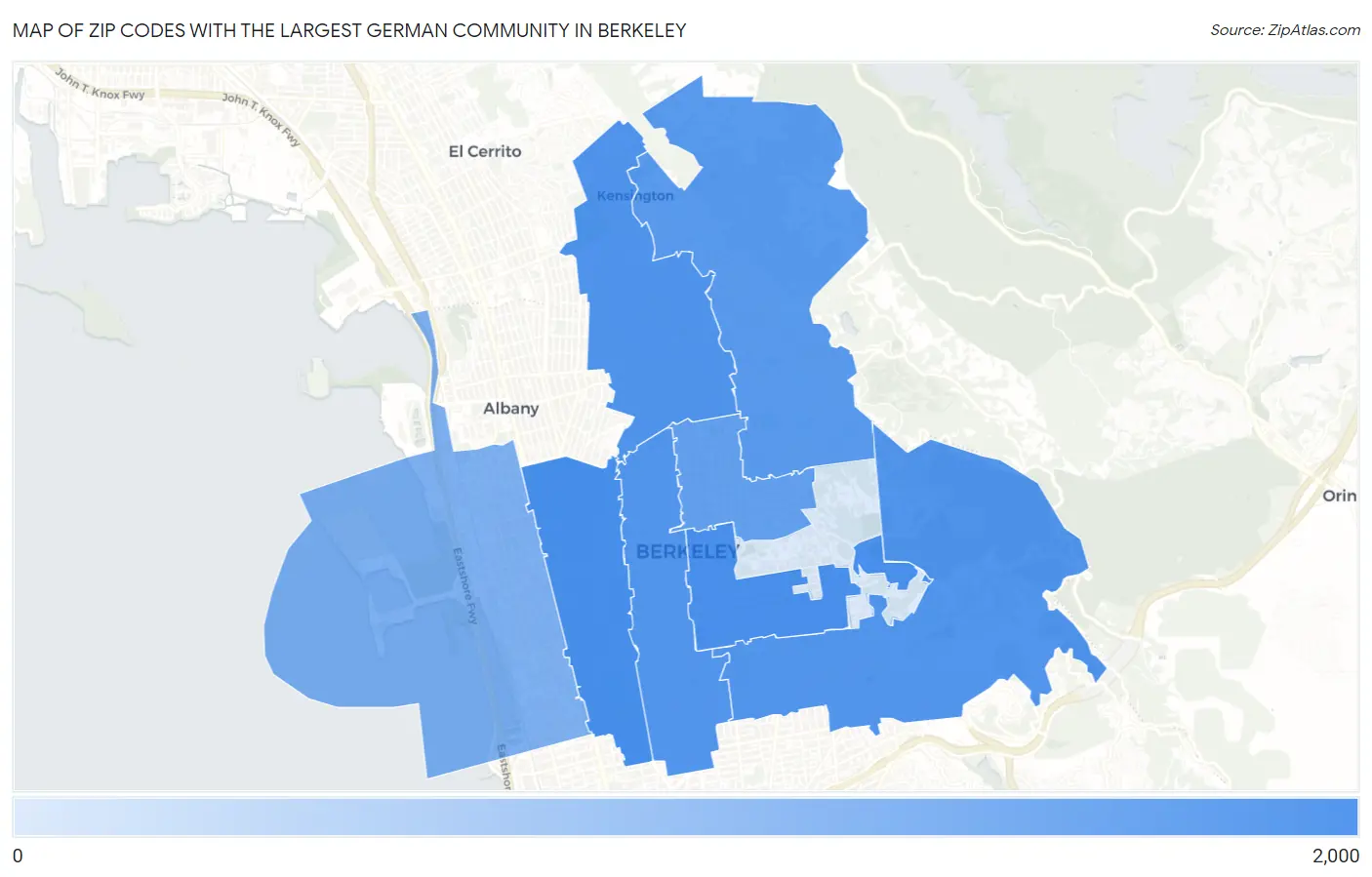 Zip Codes with the Largest German Community in Berkeley Map