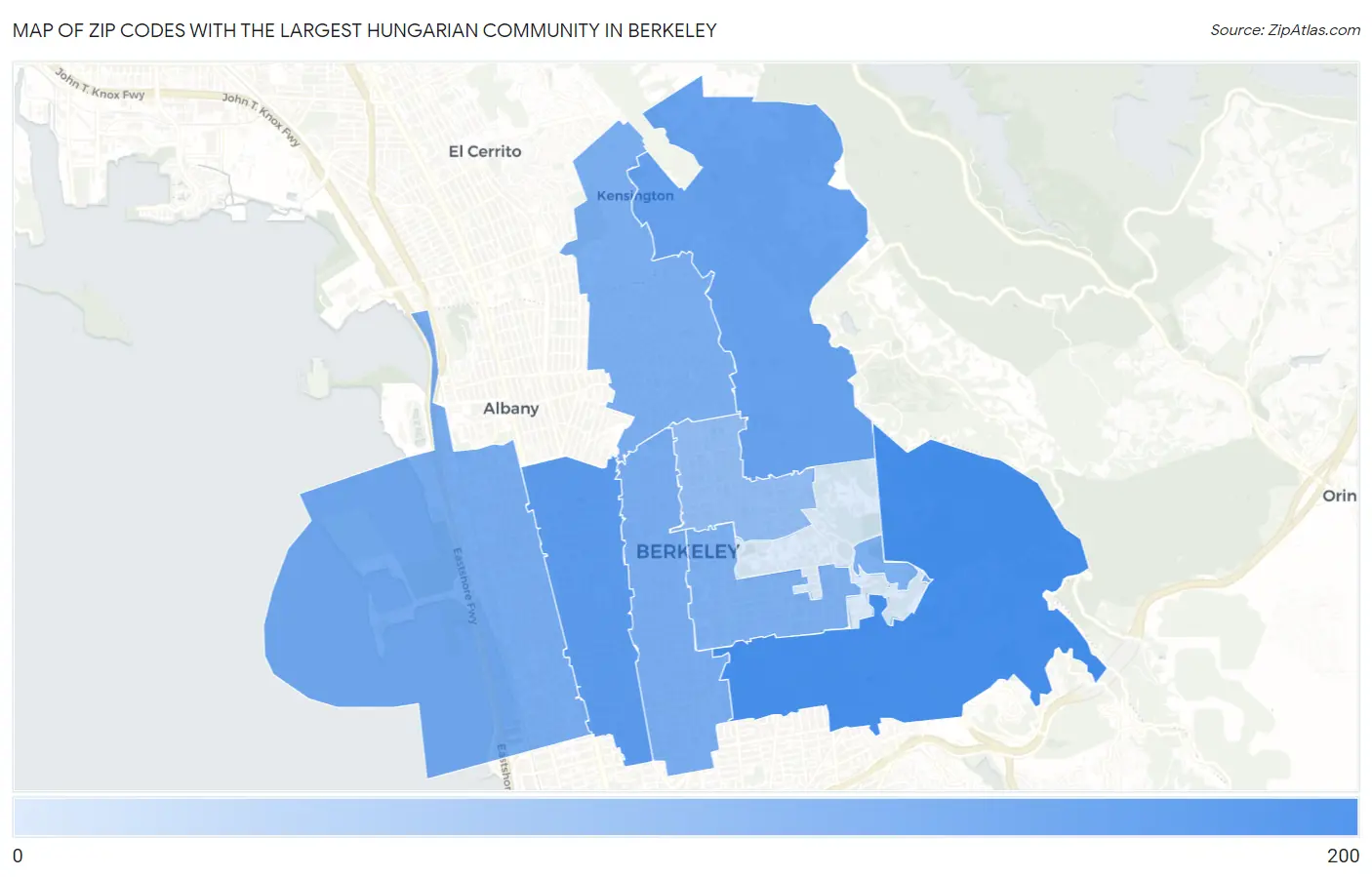 Zip Codes with the Largest Hungarian Community in Berkeley Map