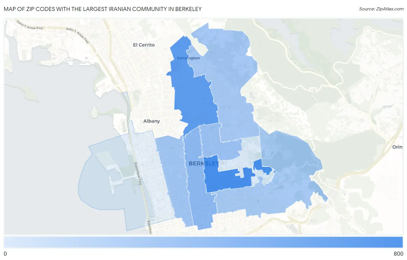 Zip Codes with the Largest Iranian Community in Berkeley Map