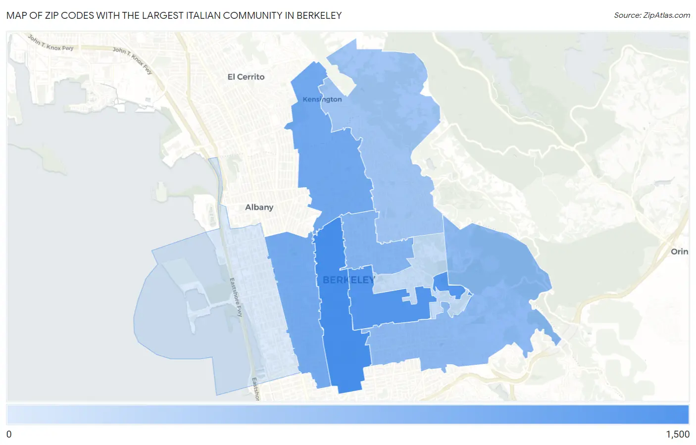 Zip Codes with the Largest Italian Community in Berkeley Map