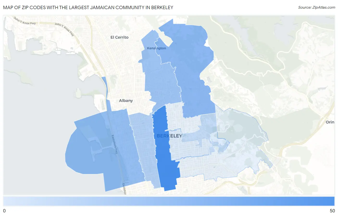 Zip Codes with the Largest Jamaican Community in Berkeley Map