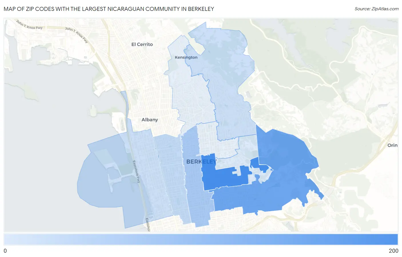 Zip Codes with the Largest Nicaraguan Community in Berkeley Map