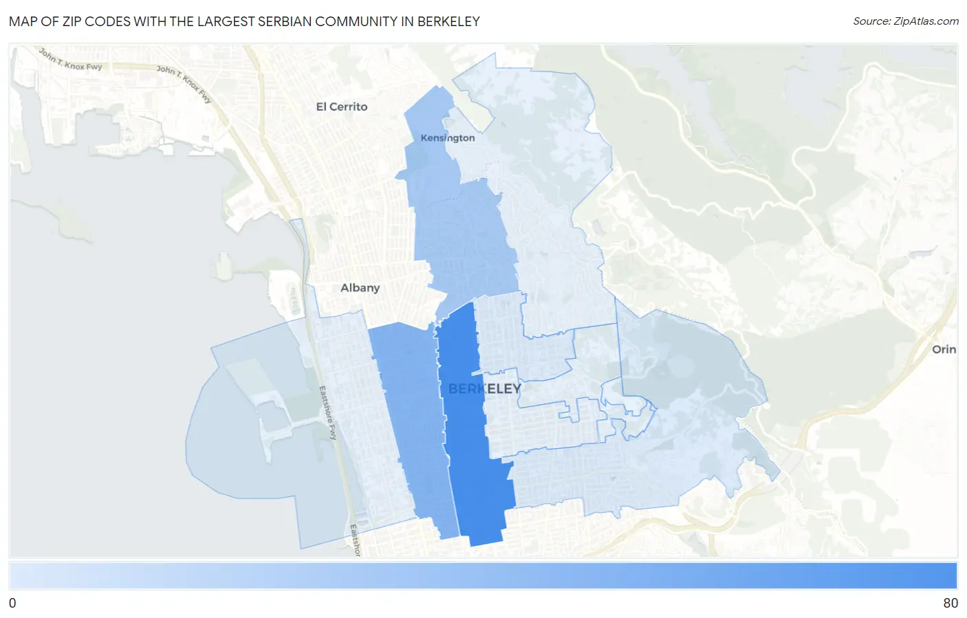 Zip Codes with the Largest Serbian Community in Berkeley Map