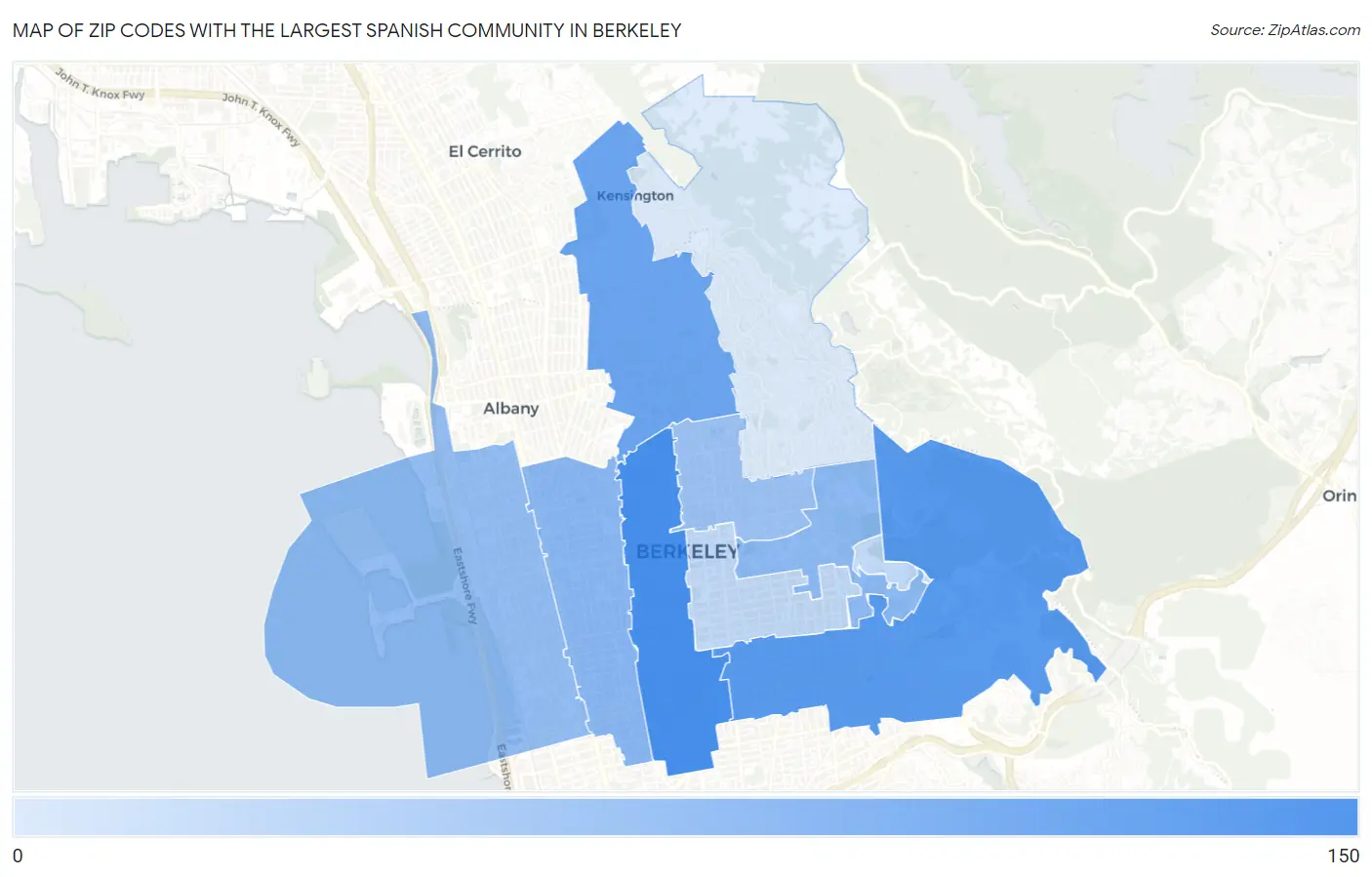 Zip Codes with the Largest Spanish Community in Berkeley Map